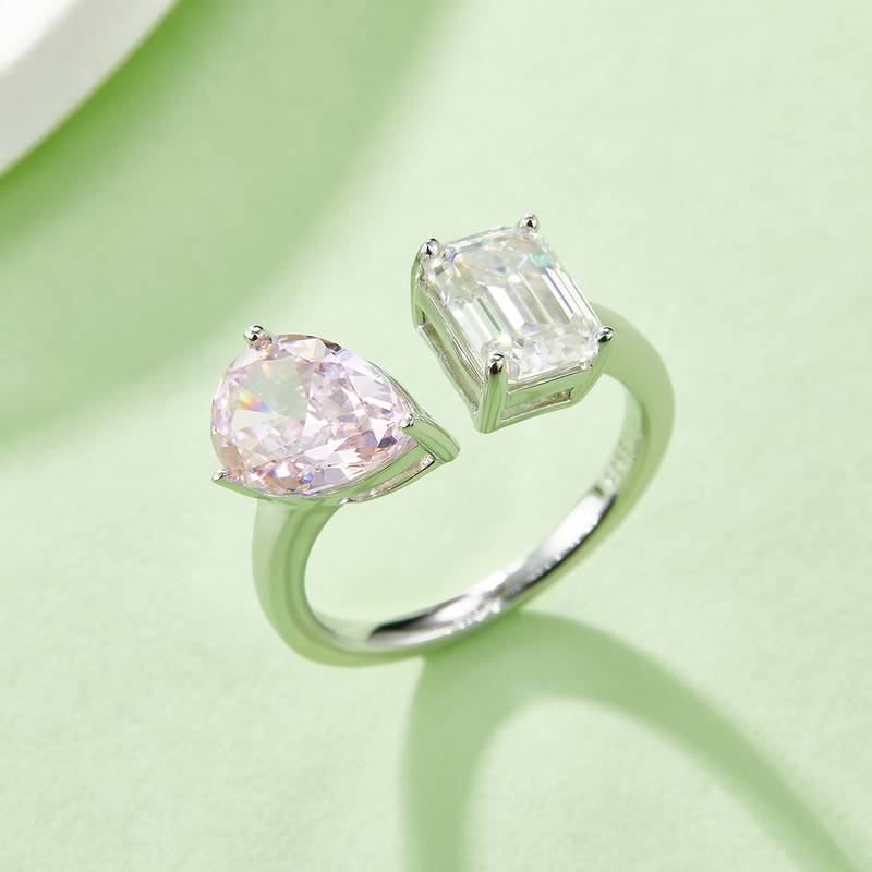 梨形冰花切AND长方MoissaniteS925银镀白金Women's Ring2ctD级